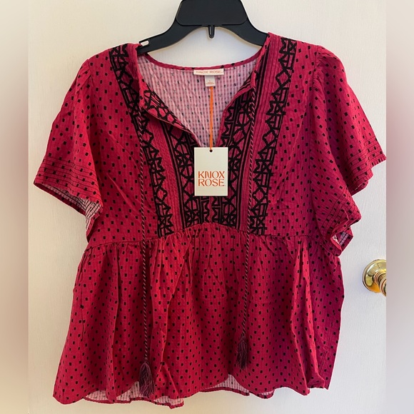 Knox Rose Tops - Knox Rose Women's Pink Polka-Dot Peplum Blouse
